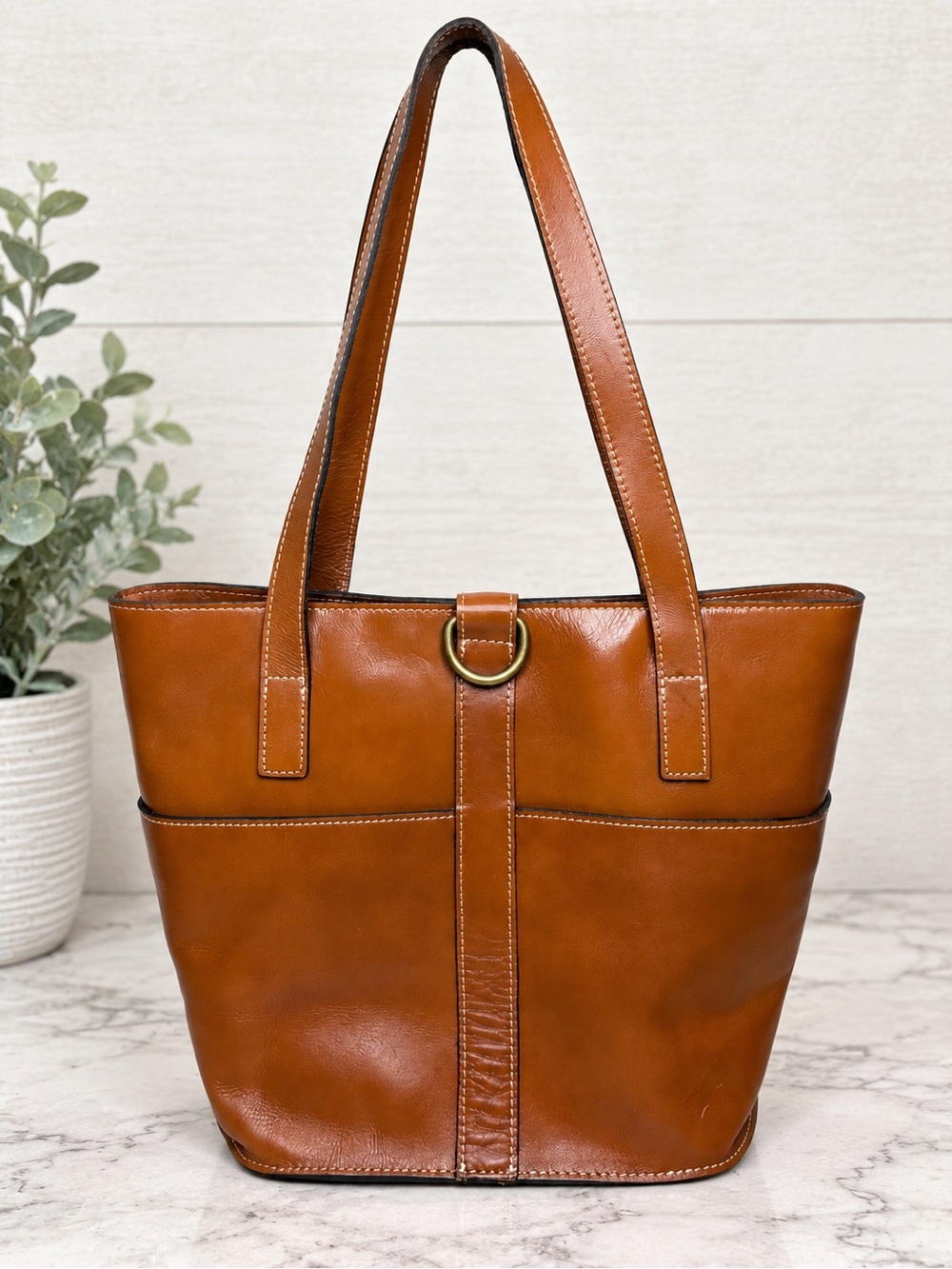 Patricia Nash Espelette Bucket Tote English Tan Leather Discontinued EUC